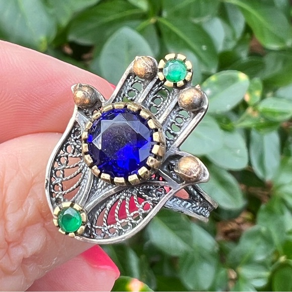 VINTAGE HAMSA VIVID BLUE GREEN PASTE GLASS STONES 925 STERLING SILVER UNIQUE